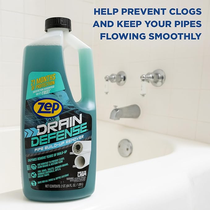 Zep Drain Defense Pipe Build-Up Remover - 64 oz (Case of 8) ZLDC64 - Professional Strength Liquid Pipe Build Up Remover