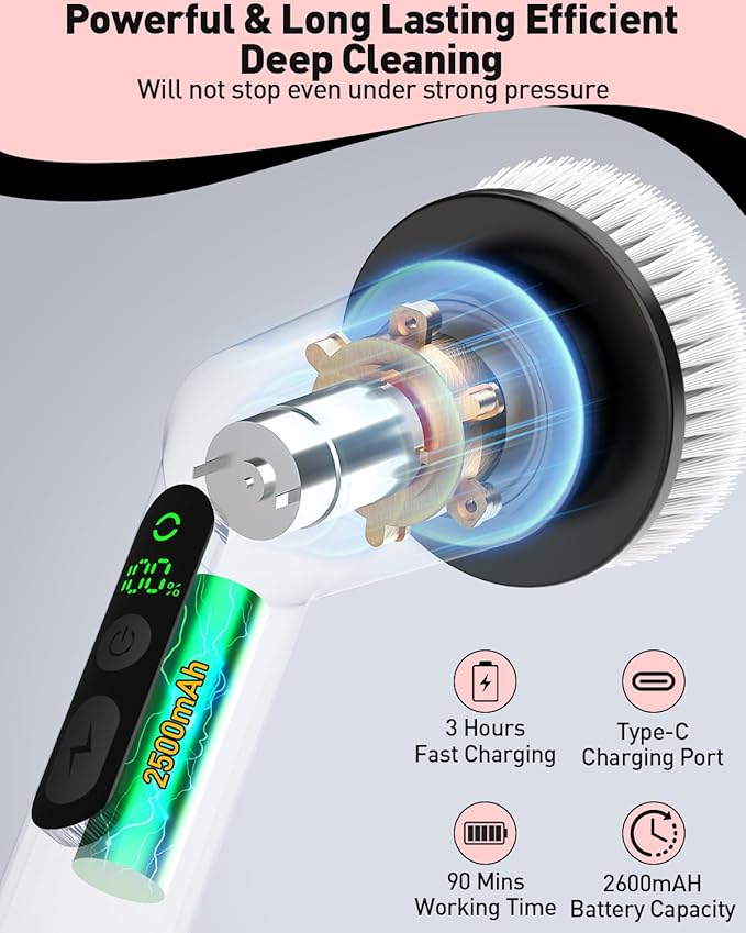 Electric Spin Scrubber for Cleaning Bathroom, Shower Scrubber Cordless Cleaning Brush with IPX7 Waterproof & 2 Speed, 3 Brush Heads, Bathroom Cleaning Supplies for Shower Tub Kitchen Tile Toilet Pink