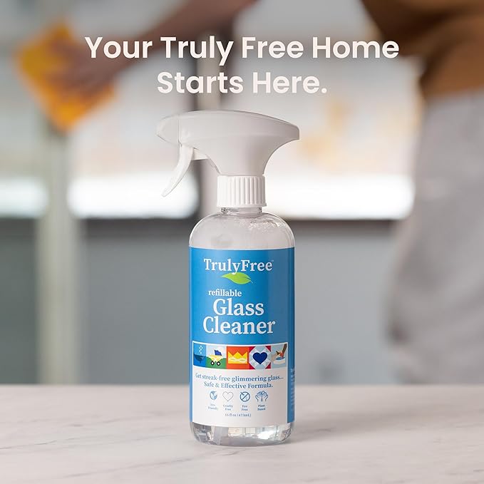 Natural Glass Cleaner - Removes Dirt & Debris for Sparkling Clean Windows & Glass Surfaces at Home, Office & Garage, Includes: 1 Refillable Empty Bottle (16oz) & 2 Refills (3oz ea)