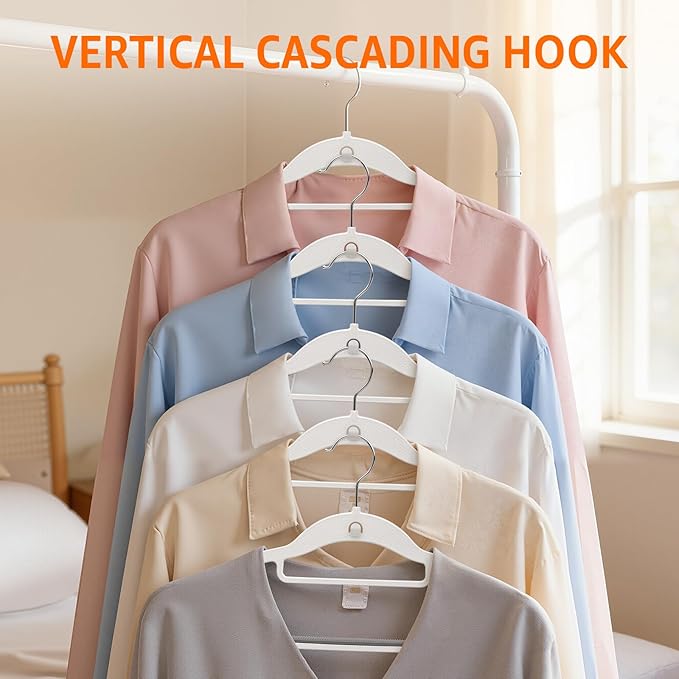 Yolife Cascading Plastic Clothes Hangers 20 Pack with Inner Hook for Vertical Storage, Slim Space Saving Hangers with Non-Slip Pads, 360° Swivel Metal Hook, Versatile, White & Gray