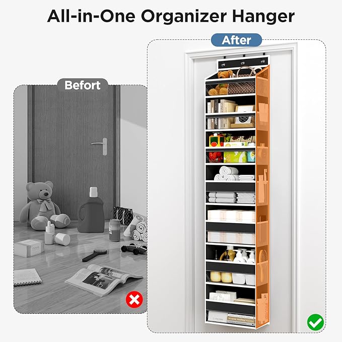 Over The Door Organizer, 7 Tier Door Hanging Organizers with 7 Large Pockets 12 Side Pockets, Behind Door Storage Hanging Shelves for Closet Bathroom Bedroom Nursery
