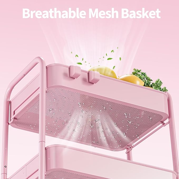 TOOLF 4-Tier Metal Rolling Cart with Wheels, Storage Utility Organizer Cart for Kitchen, Bathroom, Office, Baby Essentials & Makeup - Lockable Casters, Easy Assembly, 132 lbs Capacity, Pink