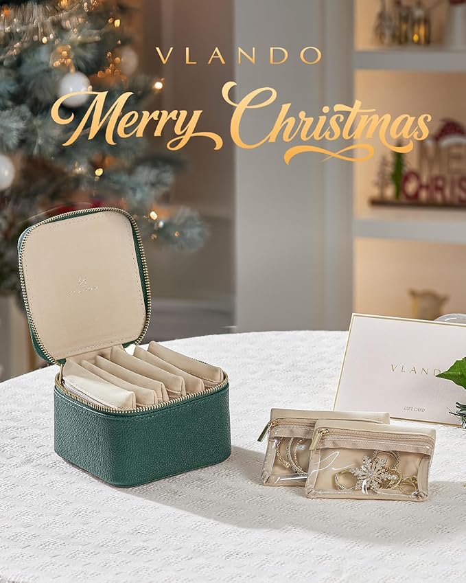 Vlando Jewelry Travel Case,Travel Jewelry Organizer with Clear Velvet Jewelry Bags 6Pcs Zipper Pouch for Women Girl Christmas Wedding Gift-Green