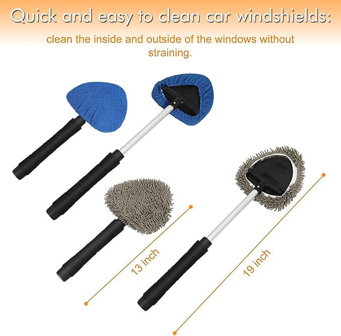 JOYFUL&HOPEFUL Car Windshield Cleaning Tool, Car Inside Window Cleaner Tool with Extendable Handle, 4pc Microfiber and 2pc Chenille, Car Interior Cleaner Tool Anti Fog, Streaks Free