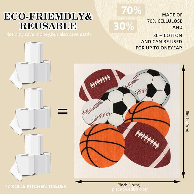 6 Packs Swedish Kitchen Dish Cloths - Reusable Paper Towels for Counters & Dishes - Eco-Friendly Cellulose Sponge Cloth - Assorted (Sport)