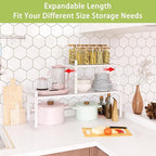 Expandable Cabinet Shelf Organizer Rack, Stackable Kitchen Counter Storage Shelves Stand, Adjustable Height Pantry Shelf Spice Rack (White, 2 Pack)