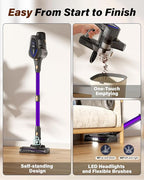 Cordless Vacuum Cleaner, 450W/45KPA Self-Standing Stick Vacuum, Lightweight Handheld Vacuum with LED Screen, Rechargeable Vacuum for Home, Hardwood, Carpets, Pet Hair, Car (Purple)