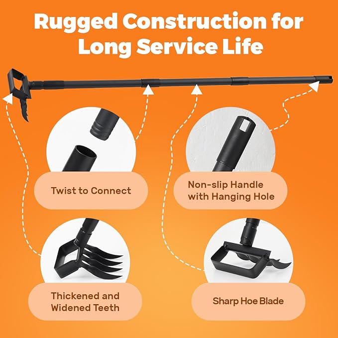 Hula Garden Hoe and 4 Tines Rake 2-in-1 Garden Tool for Weeding, Garden Cultivator with 62.6" Adjustable Long Handle Heavy Duty Weed Puller Stirrup Hoe for Ditching, Seeding, Loosening Soil