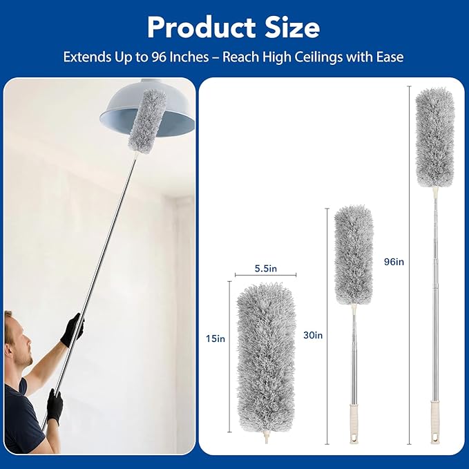 Azun Dusters for Cleaning, Ceiling Fan Cleaner Duster with Extension Pole 30"– 96", Reusable Microfiber Duster for High Ceilings, Walls, Blinds, Cobwebs, Furniture, Indoor & Outdoor Use