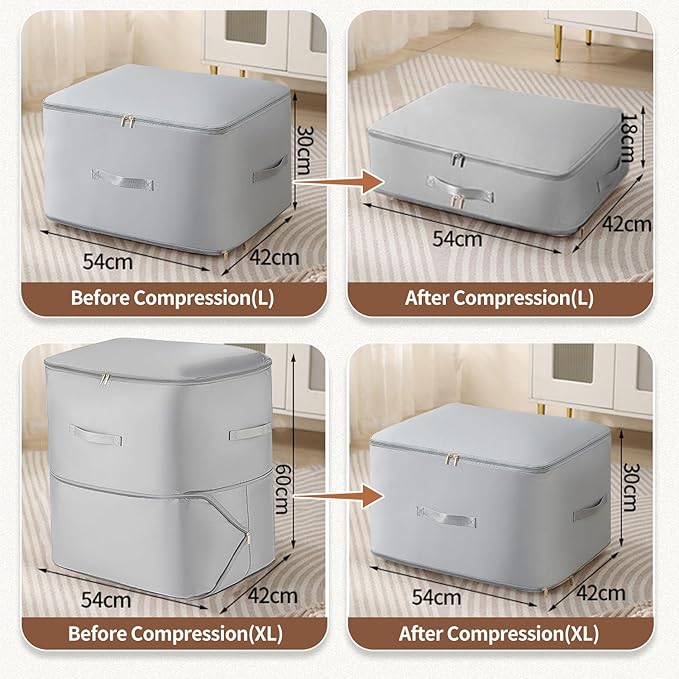 Ultra Space Saving Self Compression Organizer, Upgraded Space Saving Self Compression Organizer Space Bags, Premium Comforter Packaging Cube Bedding Storage Bag (Light Grey, X-Large 54×42×60cm)