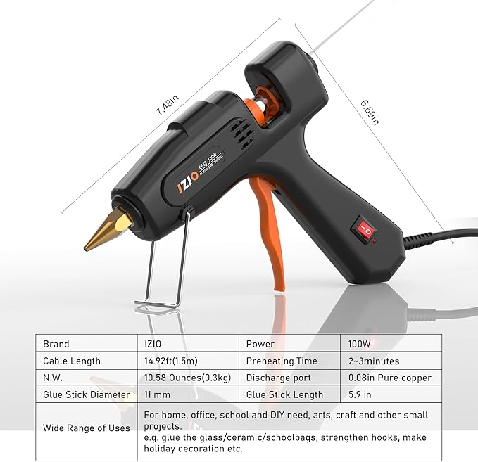 IZIO Hot Glue Gun with 21 Glue Sticks7/16") &Storage Pouch - 100W Fast Heating (2-3 Min), Heavy Duty DIY Starter Kit for Crafts, Fabric, Wood, Home Repairs,Non-Drip Precision Nozzle, ergonomic|Black