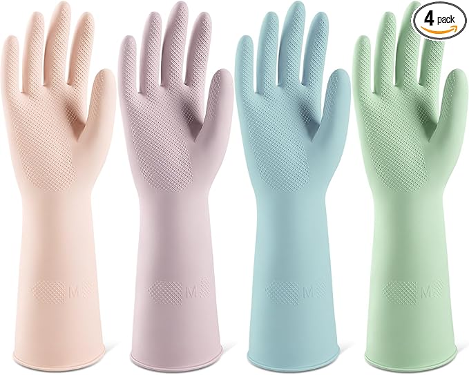ThxToms 4 Pairs Reusable Rubber Gloves, 13" Natural Latex, 10mil Thick Heavy Duty Dishwashing & Cleaning Gloves, Non-Slip Grip, Multi-Color, Ideal for Kitchen, Bathroom, Car, & Garden Cleaning, Medium