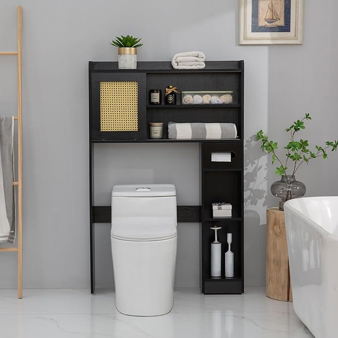 6Tier Over The Toilet Storage Cabinet, Freestanding Above Toilet Space Saver Rack w/Adjustable Shelves, Sliding Door, Multifunctional Over Toilet Organizer for Bathroom (Black)