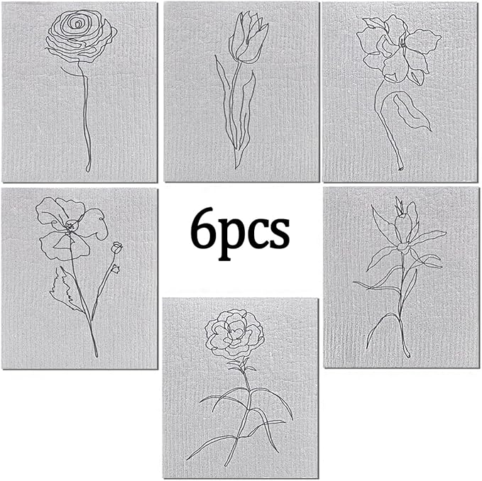 6 - Pack Swedish Kitchen Dish Cloths - Reusable Paper Towels for Counters & Dishes - Eco Friendly Cellulose Sponge Cloth - Assorted (Grey Flower)