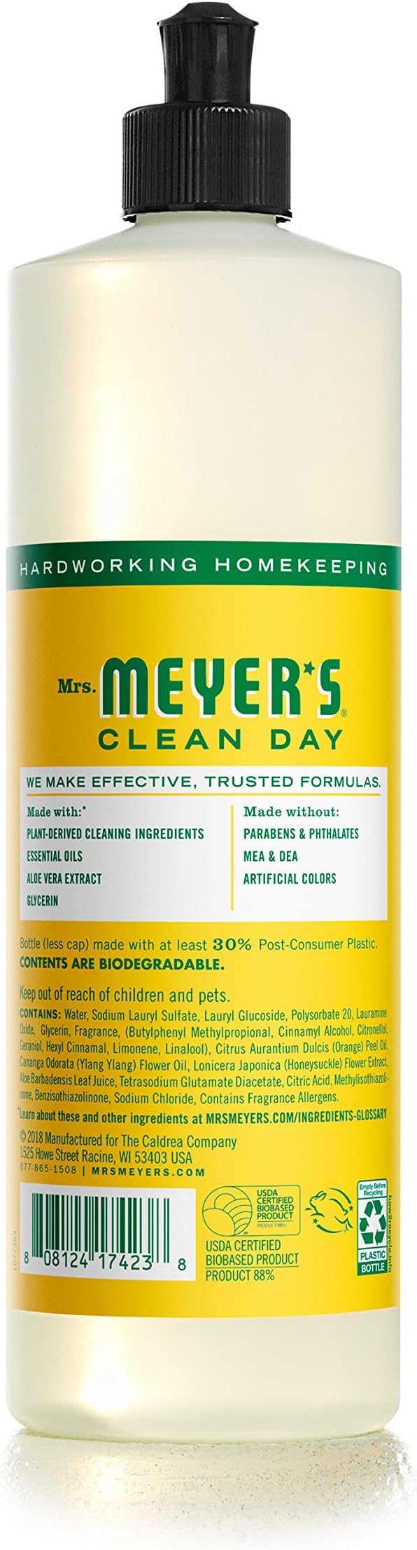MRS. MEYER'S CLEAN DAY Liquid Dish Soap, Biodegradable Formula, Honeysuckle, 16 fl. oz