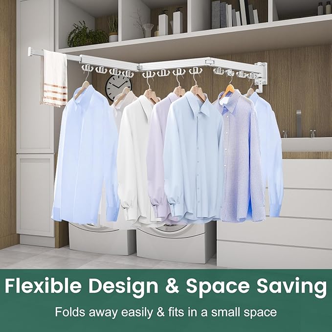 Wall Mounted Clothes Drying Rack, Laundry Drying Rack Wall Mount, 3-Fold Drying Rack Clothing, Foldable Clothes Drying Rack with 12 Dual Hooks Organization for Laundry Room Indoor - White