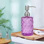 12Oz Purple Glass Soap Dispenser with Stainless Steel Pump, Refillable Kitchen Liquid Hand Soap Dispenser with Diamond Design, for Dispense Hand soap, Dish Soap, Lotion, Bathroom, Countertop, Hotel