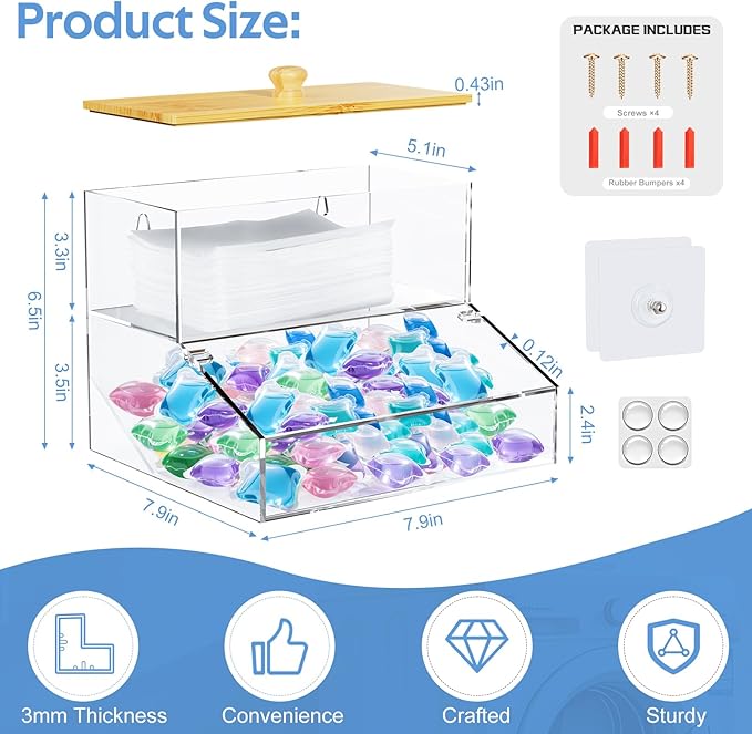 JYPS Laundry Pods Container&Dryer Sheet Holder 2in1.Transparent Acrylic Double-Layer Storage Box With Bamboo Lid. The Large Capacity Design Makes It Easy To Store And Organize Your Belongings Neatly