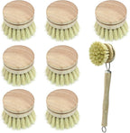 8Pcs Wooden Dish Brush Set, 8Pcs Bamboo Scrub Brush Replacement Heads and 1 Handle for Kitchen Pots and Pans Cleaning Supplies(Sisal)
