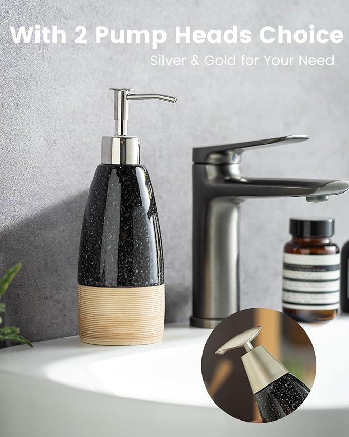 Ceramic Dish Soap Dispenser with Plastic Pump & Stainless Steel Pump for Hand Soap, Shampoo, Lotion, Conditioner, 12 oz Refillable Soap Bottle with Silicone Funnel for Bathroom & Kitchen, Black