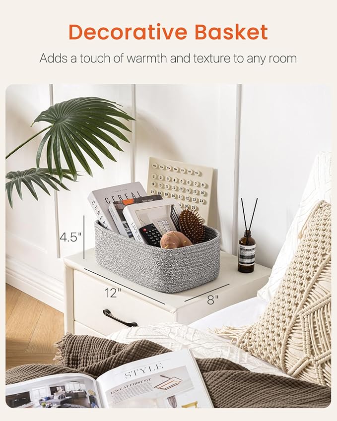 Small Woven Basket, 12 x 8 x 4.5 Inches, Storage Basket for Organizing, Cute Small Rope Shelf Closet Cube Storage Bins Baskets for Shelves, Dog Toy Gift Baskets Empty, 3 Packs, Mixed Grey