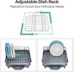 SNTD Dish Drying Rack, Expandable Dish Rack for Kitchen Counter, Stainless Steel Dish Drainer with Drainboard Set and Utensil Holder (Gray)