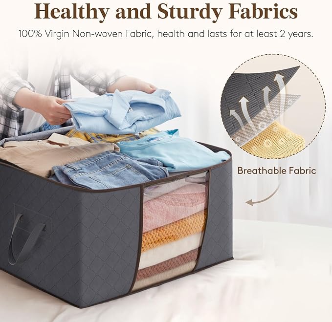 Lifewit 4 Pack 60L Clothes Storage Bins with Lids, Foldable Blanket Storage Bags with Zippers, Clear Window and Reinforced Handles, Closet and Organization for Clothing, Sweater, Comforter, Bedding