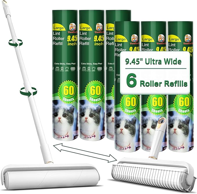 Large Lint Rollers for Pet Hair, Floor Lint Roller with 9.45 in Giant Lint Roller Refill 360 Sheets Total, Extendable Handle Sticky Rollers for Floor, Carpet, Furniture, Clothing & Couch (White)