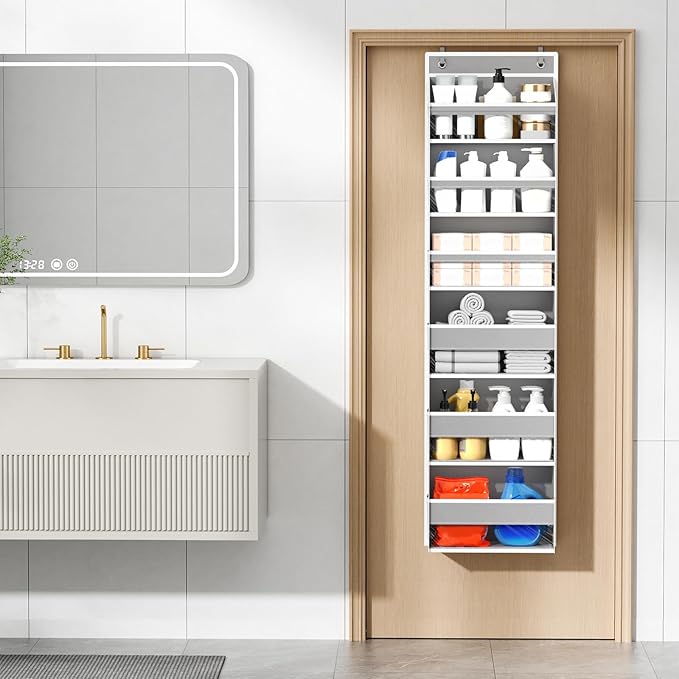 Over The Door Organizer, 6 Shelf Door Organizer Hanging with 6 Large Capacity Pockets, Over The Door Storage Hanging Shelves for Closet Wall Bathroom Closet Bedroom Nursery