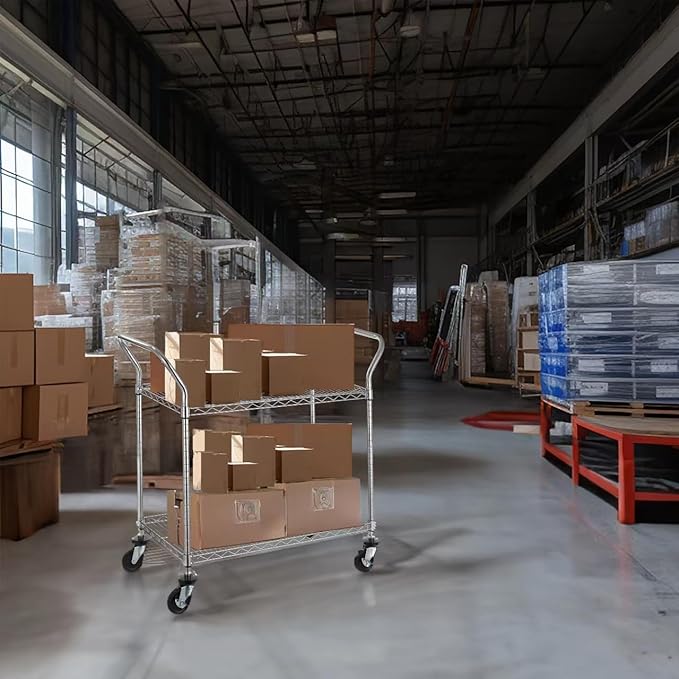 Finnhomy 2-Tier Commercial Grade Rolling Cart, Heavy Duty Utility Cart, Carts with Wheels and Handles, Kitchen Cart on Wheels, Metal Serving Cart with 500 lbs Capacity, Shelf Size 20" D x 36" W, NSF