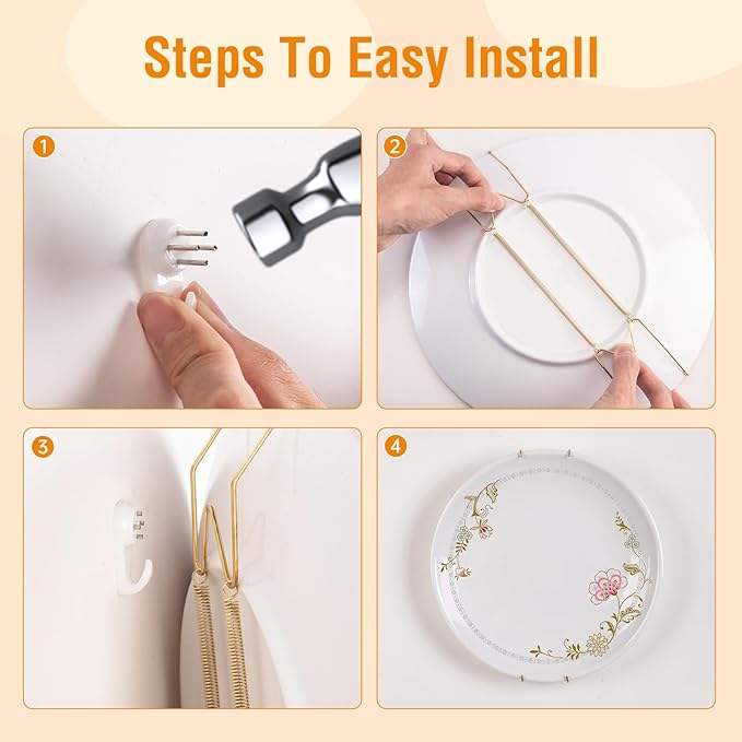 Plate Hangers for The Wall, Suitable for 8-10 inch Decorative Plate, Stainless Steel Wire Plate Holder with Wall Hooks and Rubber tip Protectors, Plate Hangers for Displaying Plates, Platter, Gold