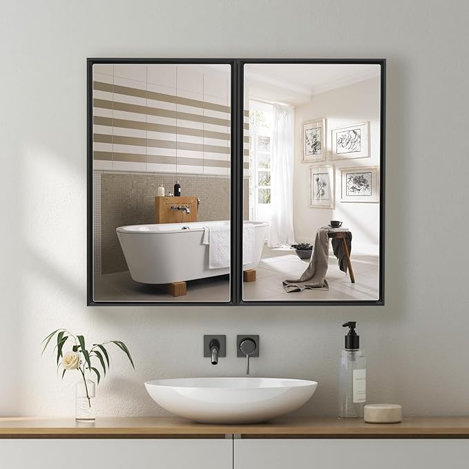 Medicine Cabinet with Aluminum Framed Mirror,36"x32" Surface Mount or Recessed Mount Bathroom Vanity Mirror,Single Door Bathroom Mirror with Storage Cabinet