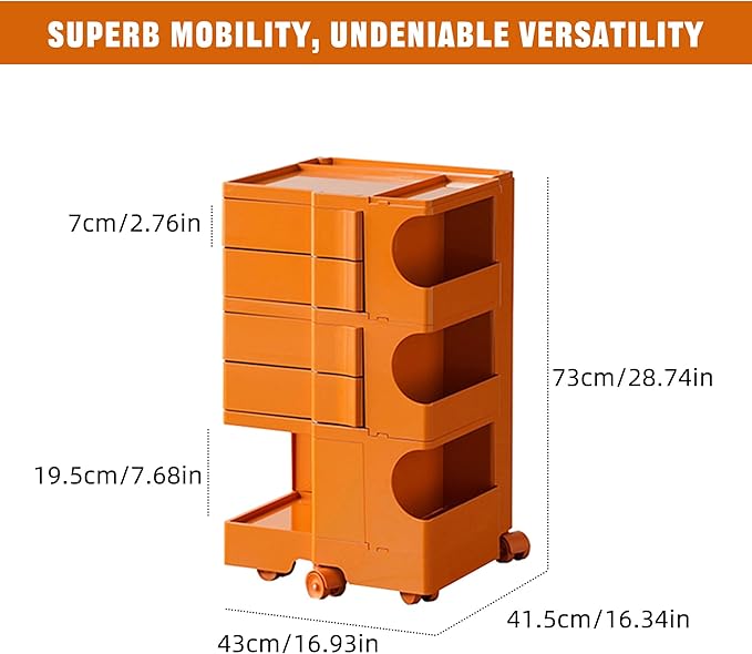Multipurpose Utility Storage Cart - ABS Plastic Storage Caddy with Wheels and Slide Out Drawers - 360°Rotating Professional Trolley Cart - Mobile Caddy for Salon Supplies, Kitchen Needs (Orange)