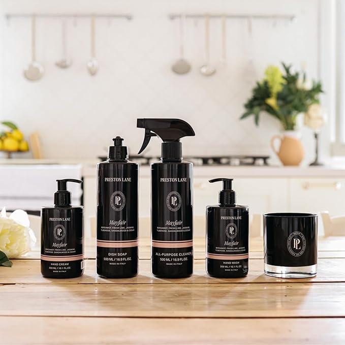 Signature Set, Includes All Purpose Cleaner, Dish Soap, Hand Wash, Hand Cream, & Scented Candle, Mayfair