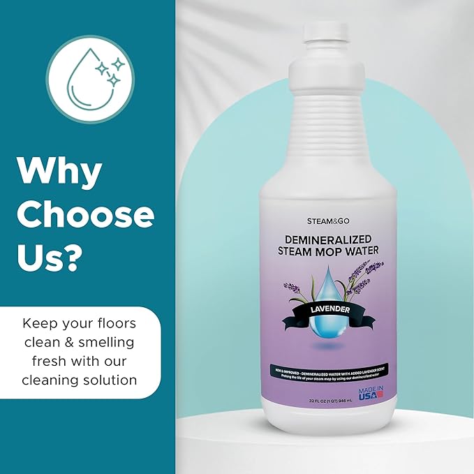 Steam & Go Demineralized Water for Steam Cleaner - PVC-Free Floor Cleaning Solution Compatible for All Steam Mops - Multi-Surface Cleaner for Home Surfaces - Lavender Scent, 32 oz (Pack of 18)