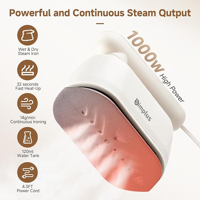 SIMPLUS Garment Steamer for Clothes, 2-in-1 Portable Handheld Wrinkle Remover & Powerful Steam Iron, 1000W Fast Heat-Up, Compact Travel-Friendly Design, 120ml Water Tank, Rotating Handle