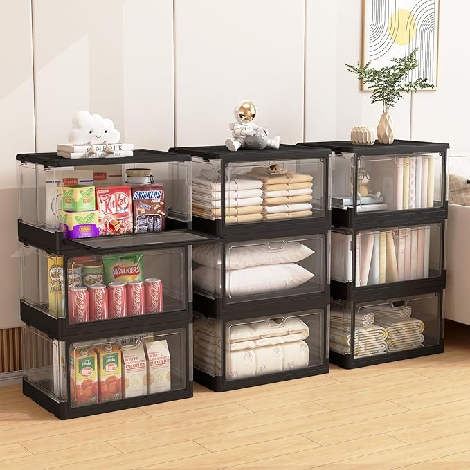 3-Pack Clear Stackable Storage Bins with Lids Magnetic Doors Open Front Foldable Folding Plastic Craft Containers Large Closet Organizers Box for Bedrooms Living Rooms Study 24 QT