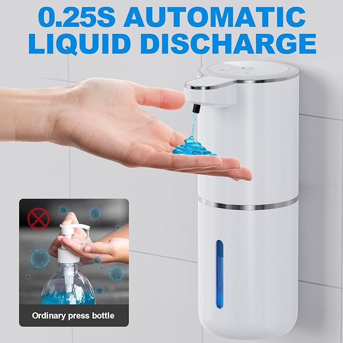 Automatic Liquid Soap Dispenser, 12.8oz/380ml Wall Mount Touchless Soap Dispenser with Sensor, 4-Level Adjustable, IPX5 Waterproof, USB Rechargeable for Bathroom, Kitchen
