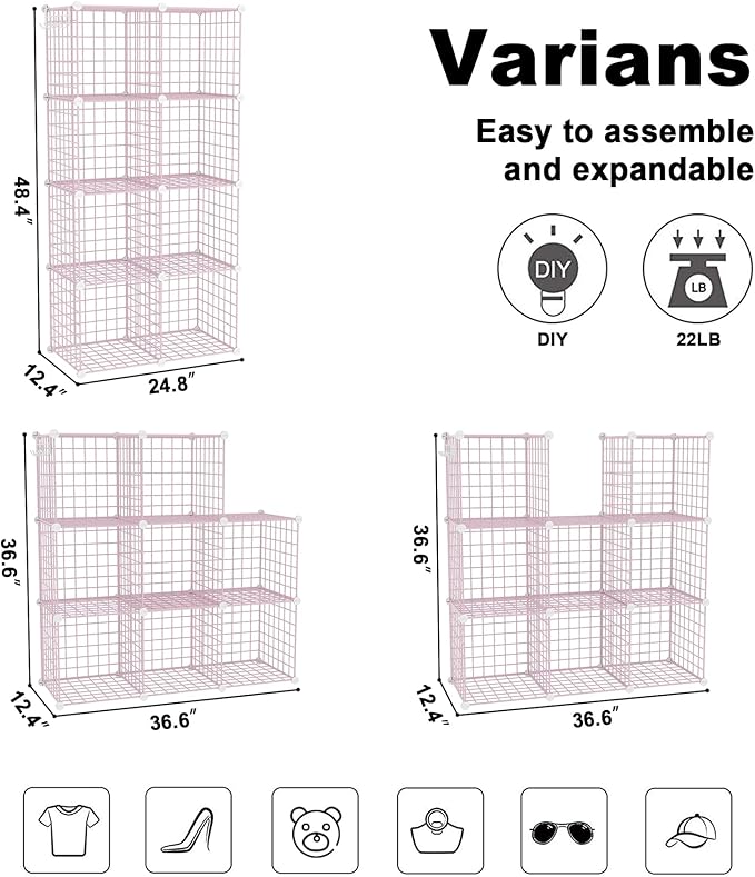 C&AHOME Wire Cube Storage, 8 - Cube Organizer Metal C Grids, Modular Shelves Units, Closet Organizer, Ideal for Home, Office, Living Room, 24.8" L x 12.4" W x 48.4" H, Pink UWCS3008P