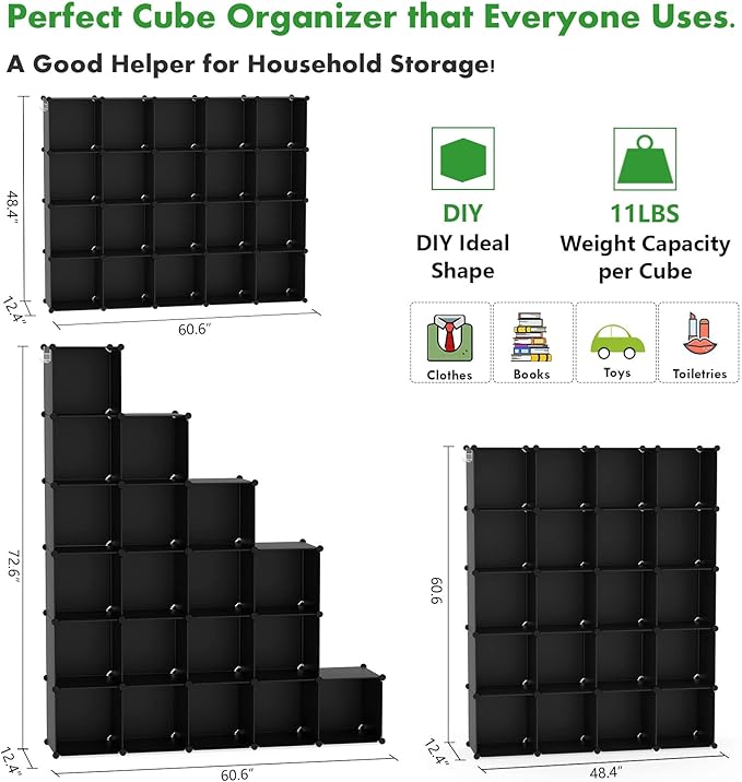 C&AHOME Cube Storage Organizer, 20-Cube Shelves Units, Closet Cabinet, DIY Plastic Modular Book Shelf, Ideal for Bedroom, Living Room, Office, 48.4" L x 12.4" W x 60.6" H Black UPCS20H