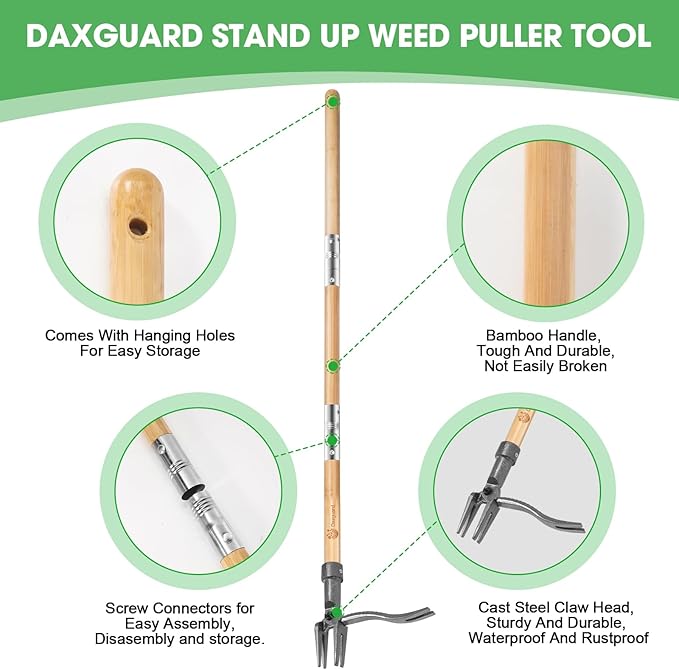 Weed Puller-Stand Up Weed Puller Tool,Adjustable 44-31.5" Bamboo Handle with Heavy Duty 4-Claw Cast Steel Head - Foot Step Design, No Bending Required - Garden & Yard Weeder