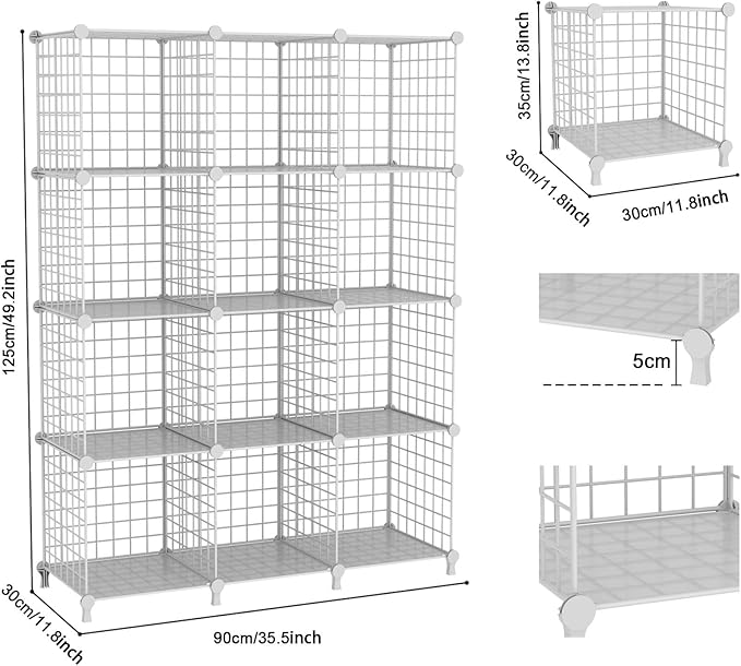 12-Cube Storage Organizer, Metal Wire Cube Shelving Unit, 11.8" L x 11.8" W x 11.8" H, Modular Grid Bookshelf for Closet, Bedroom, Office, White ATTJL12W