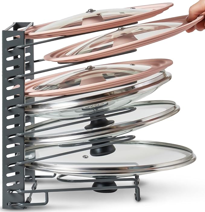BTH Adjustable Pot Lid Organizer for Cabinet - Kitchen Storage Rack 6 Adjustable Shelves, Pot Lid Holder, Pan and Pot Rack Organizer, Pantry & Inside Cabinet Organizer (13” Clearance)