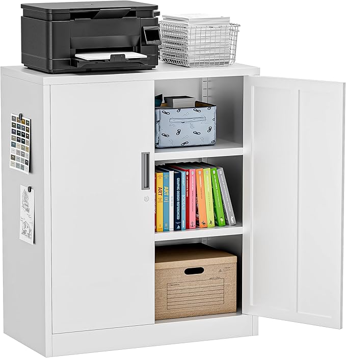 Metal Garage Storage Cabinets，36" Steel File Cabinet with 2 Adjustable Shelves, Lockable Storage Cabinets for Office, Home, Garage, Warehouse 36.2" H x 31.5" W x 15.7" D (White)