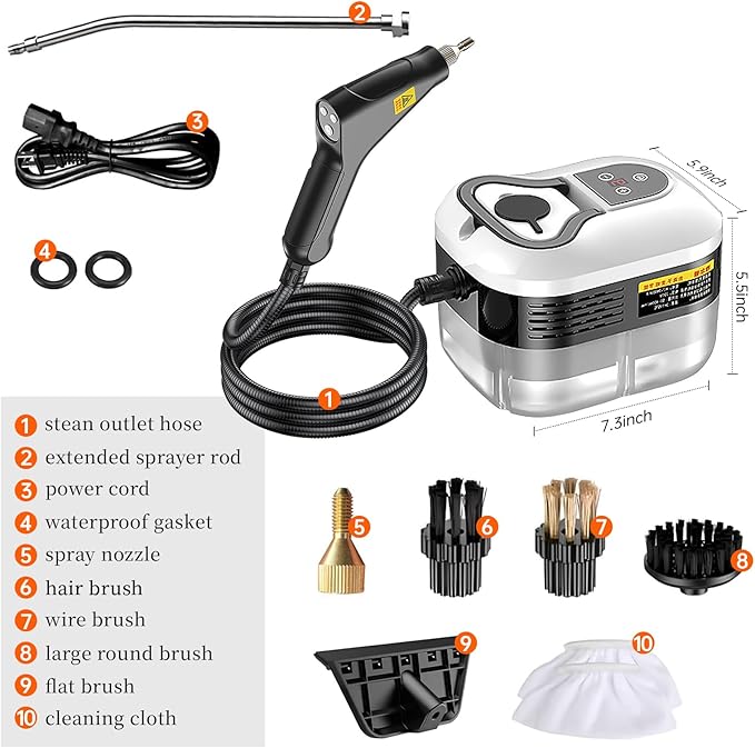 Steam Cleaner, Fast 10-Sec Heat-Up,1.2L Tank,6-Level Adjustable Handle,2500w Steamer for Cleaning, Handheld Steam Cleaner for Home, for Car Floors Kitchen Furniture Bathroom Windows (white)