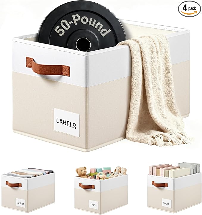 Criusia Large Closet Storage Baskets for organizing 4 Pack - Heavy Duty Closet Shelf Organizer Bins with Handles & Labels - Decorative Collapsible Baskets for Living Room Bedroom Nursery Dorm 14"x10"