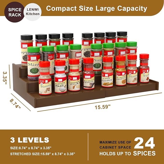 Spice Rack Organizer for Cabinet, 3 Tier Expandable Bamboo Spice Storage, Great for Kitchen Cabinet, Cupboard,Pantry and More(Brown)