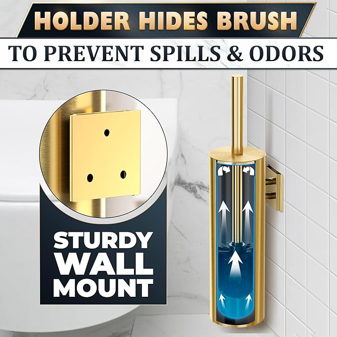 Gold Toilet Brush and Holder Set with Wall Mount - Modern Wall Mounted Toilet Brush Made from Corrosion-Resistant Stainless Steel - Removable Inner Bowl, Splash Protection & Dense Bristles Supplied