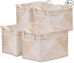 BROWNLILY Handwoven Clothes Basket Laundry Hampers Large Wicker Storage Baskets for Shelves Blankets Closet Storage Bins Car Bedroom Bathroom Organizers and Storage (Pack of 4, Khaki & Ivory White)