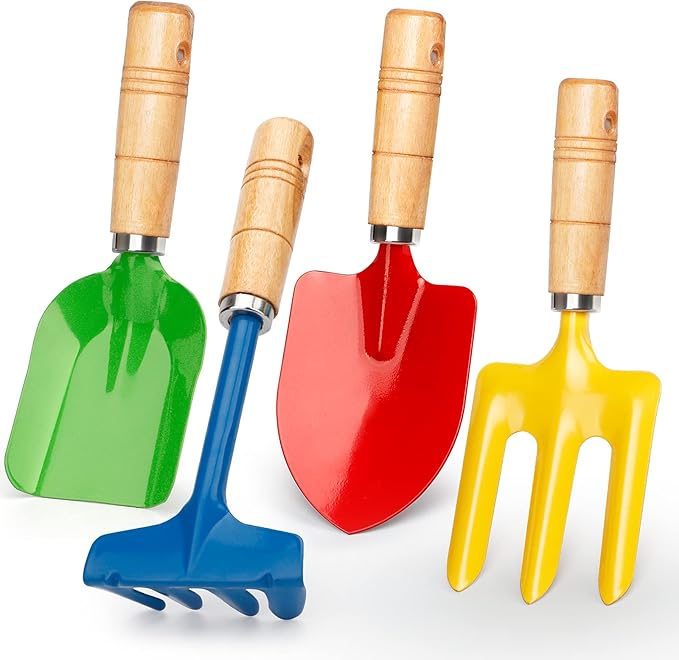 Metal Garden Tool Set with Scoop Leaf Rake Weed Fork Hoe Sand Toy for Kids Adults, Toddler Beach Sandbox Shovels Kit, Beach Garden Gear Accessories Gift for Outdoor Digging Treasure Hunt(4PCS)